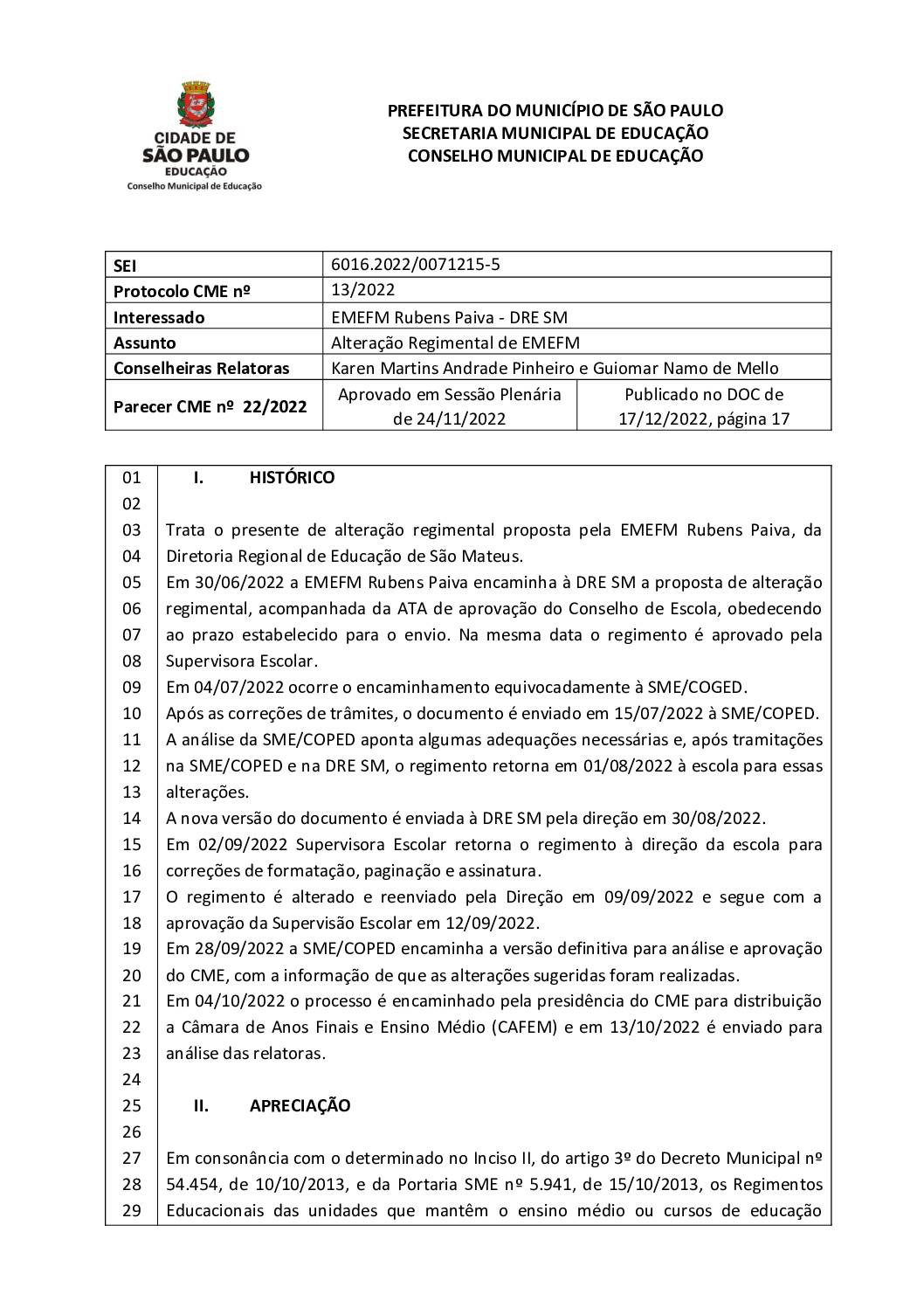 Parecer CME nº 22/2022 - EMEFM Rubens Paiva (DRE SM) - Alteração Regimental de EMEFM