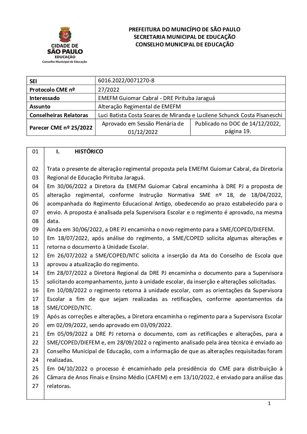 Parecer CME nº 25/2022 - EMEFM Guiomar Cabral (DRE PJ) - Alteração Regimental de EMEFM