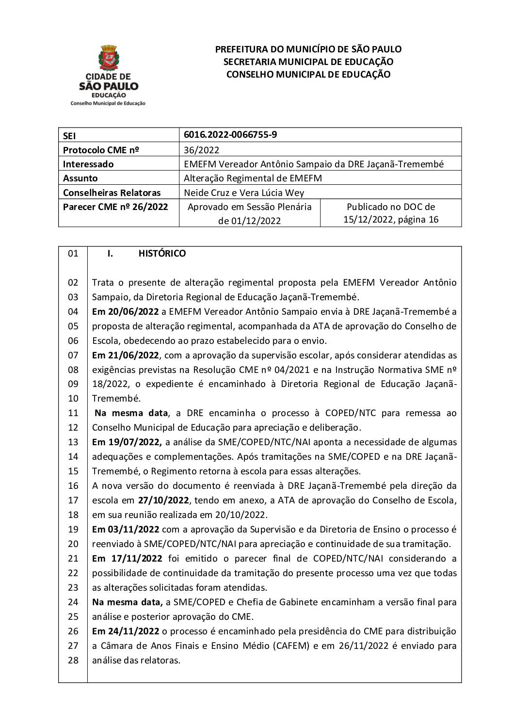Parecer CME nº 26/2022 - EMEFM Vereador Antônio Sampaio (DRE JT) - Alteração Regimental de EMEFM