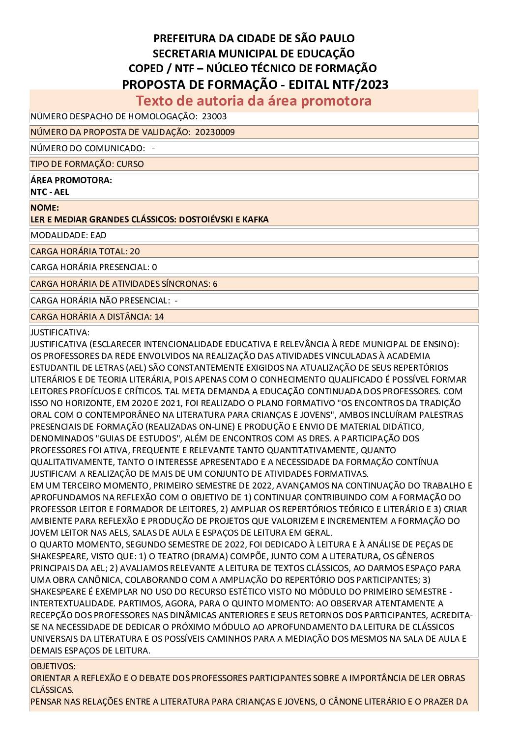 Proposta formativa homologada pela SME.