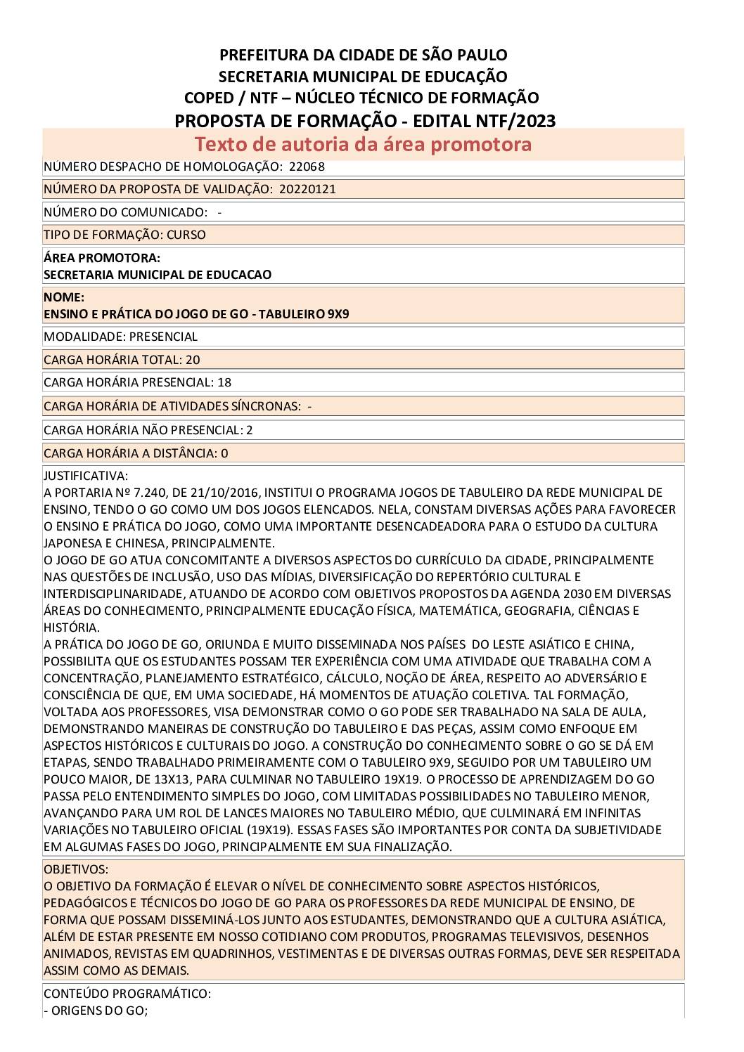 Proposta formativa homologada pela SME.