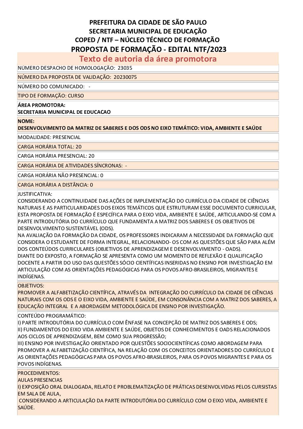 PDF com informações sobre o curso: DESENVOLVIMENTO DA MATRIZ DE SABERES E DOS ODS NO EIXO TEMÁTICO: VIDA, AMBIENTE E SAÚDE.
