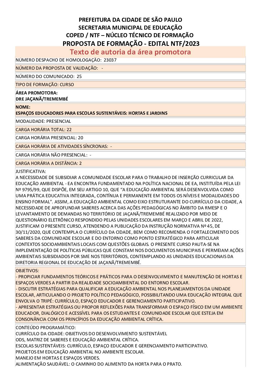 PDF com informações sobre o curso: ESPAÇOS EDUCADORES PARA ESCOLAS SUSTENTÁVEIS: HORTAS E JARDINS