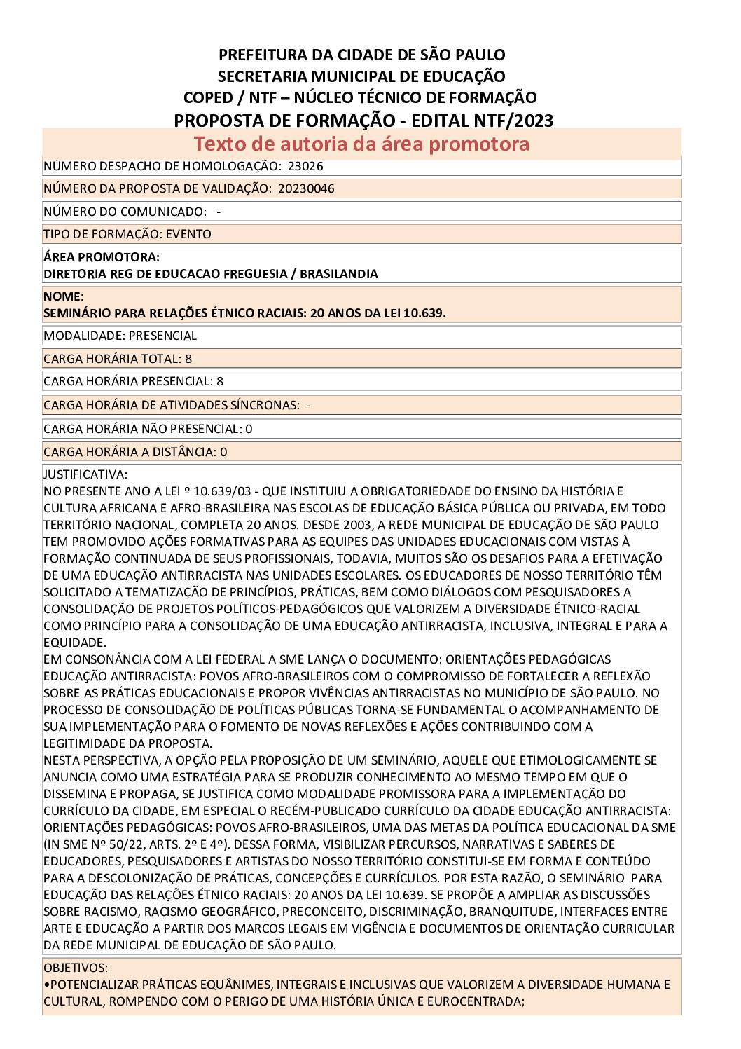 PDF com informações sobre o evento: SEMINÁRIO PARA RELAÇÕES ÉTNICO-RACIAIS: 20 ANOS DA LEI 10.639