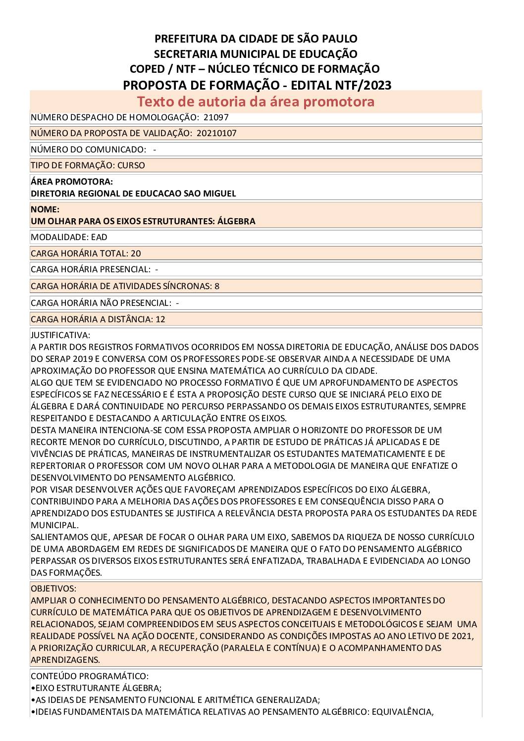 PDF com informações sobre o curso: UM OLHAR PARA OS EIXOS ESTRUTURANTES: ÁLGEBRA