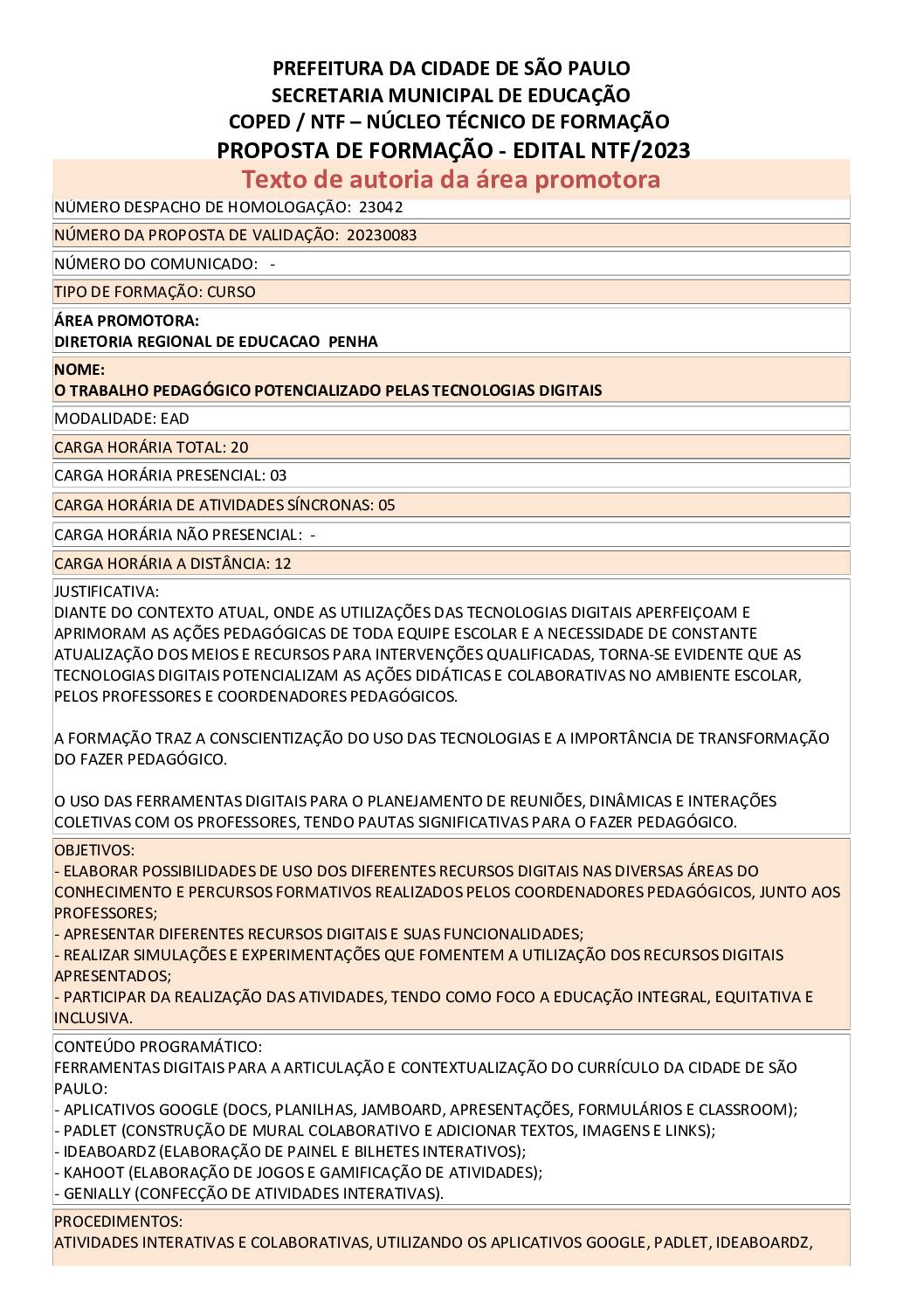 PDF com informações sobre o curso: O TRABALHO PEDAGÓGICO POTENCIALIZADO PELAS TECNOLOGIAS DIGITAIS 