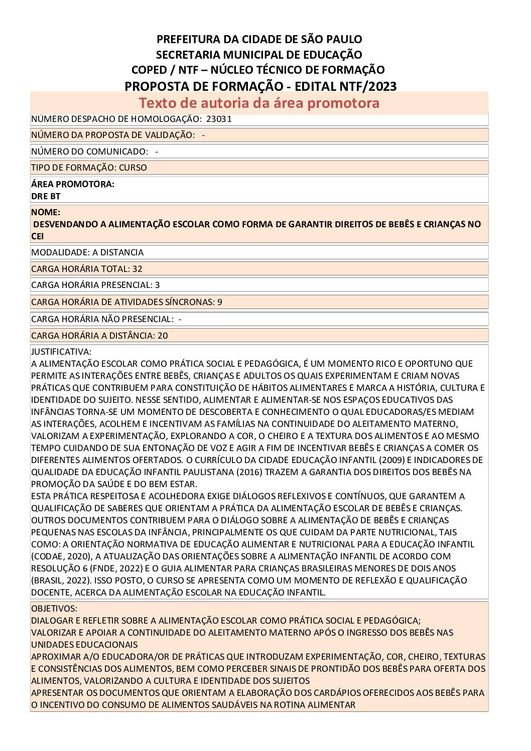 PDF com informações sobre o curso: DESVENDANDO A ALIMENTAÇÃO ESCOLAR COMO FORMA DE GARANTIR DIREITOS DE BEBÊS E CRIANÇAS NO CEI
