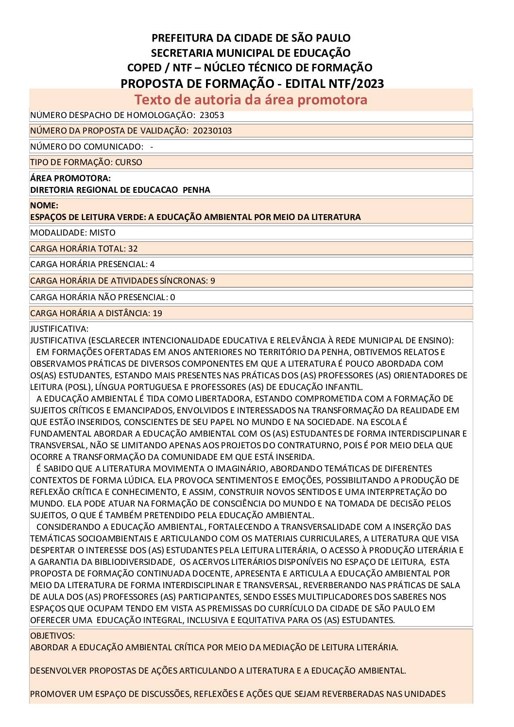 PDF com informações sobre o curso: ESPAÇOS DE LEITURA VERDE: A EDUCAÇÃO AMBIENTAL POR MEIO DA LITERATURA