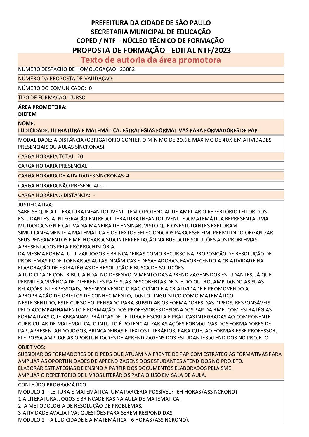 PDF com informações sobre o curso: LUDICIDADE, LITERATURA E MATEMÁTICA: ESTRATÉGIAS FORMATIVAS PARA FORMADORES DE PAP