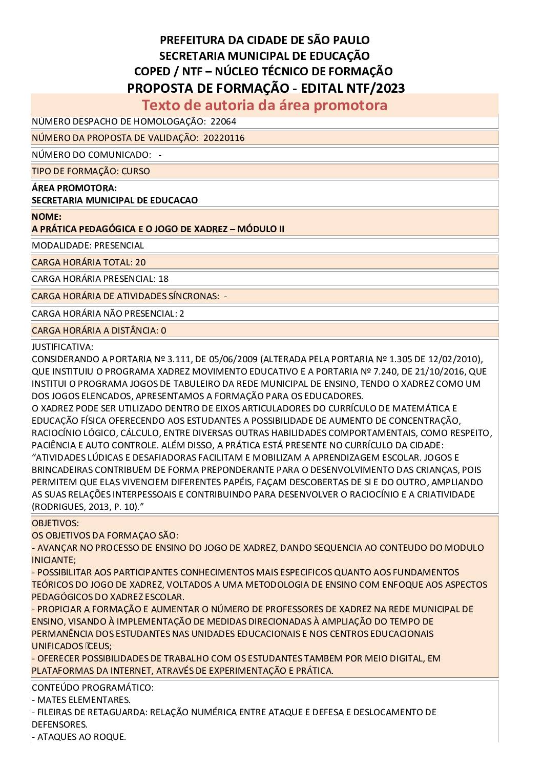 Proposta formativa homologada pela SME