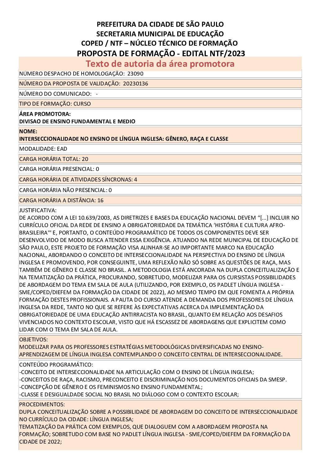 Proposta formativa homologada pela SME