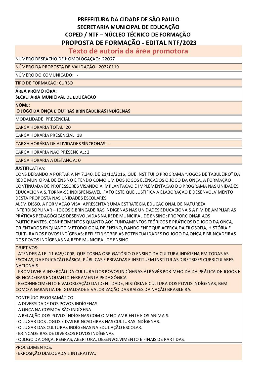 Proposta formativa homologada pela SME