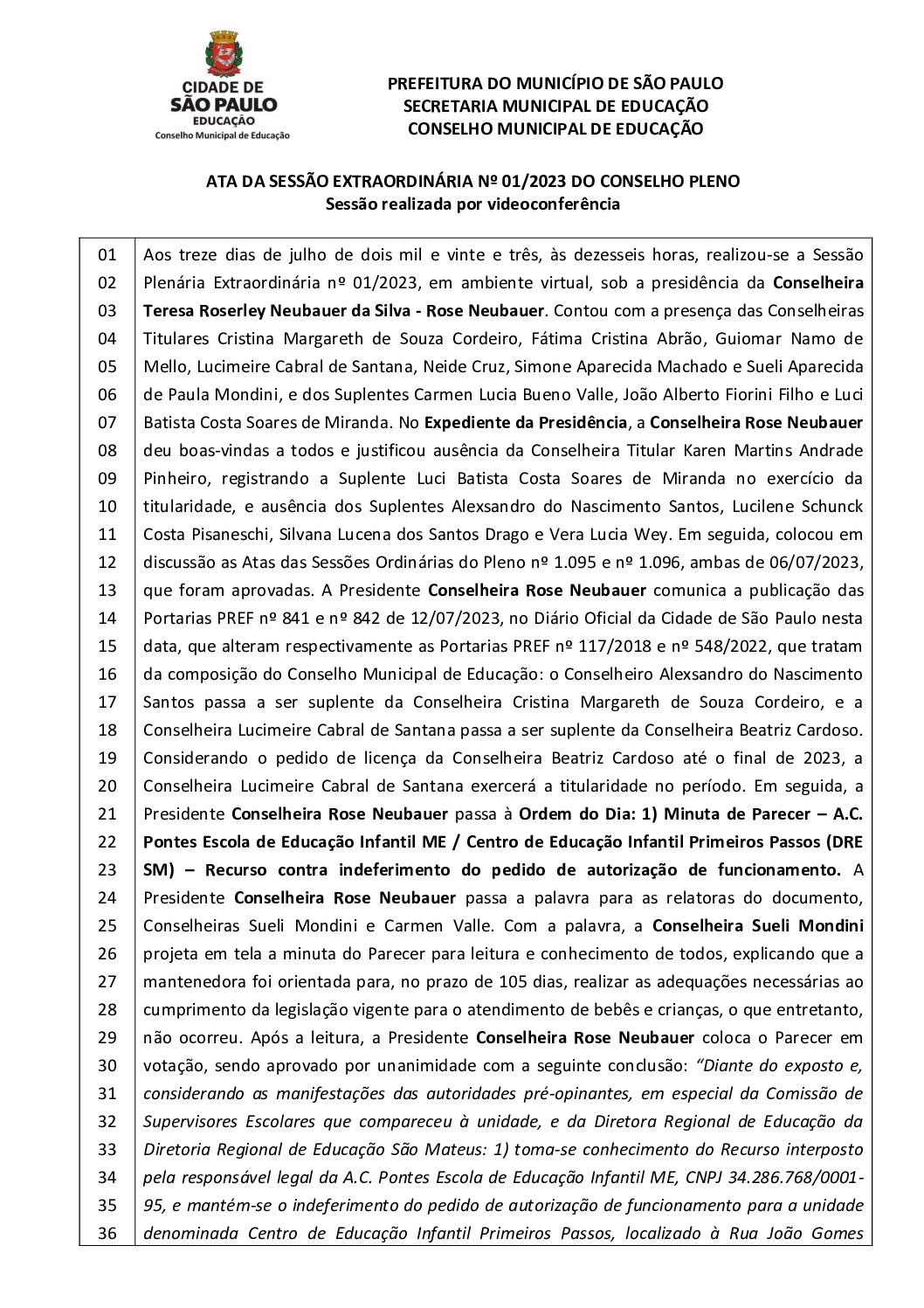 Ata Pleno CME – Sessão Extraordinária nº 01/2023 – 13/07/2023