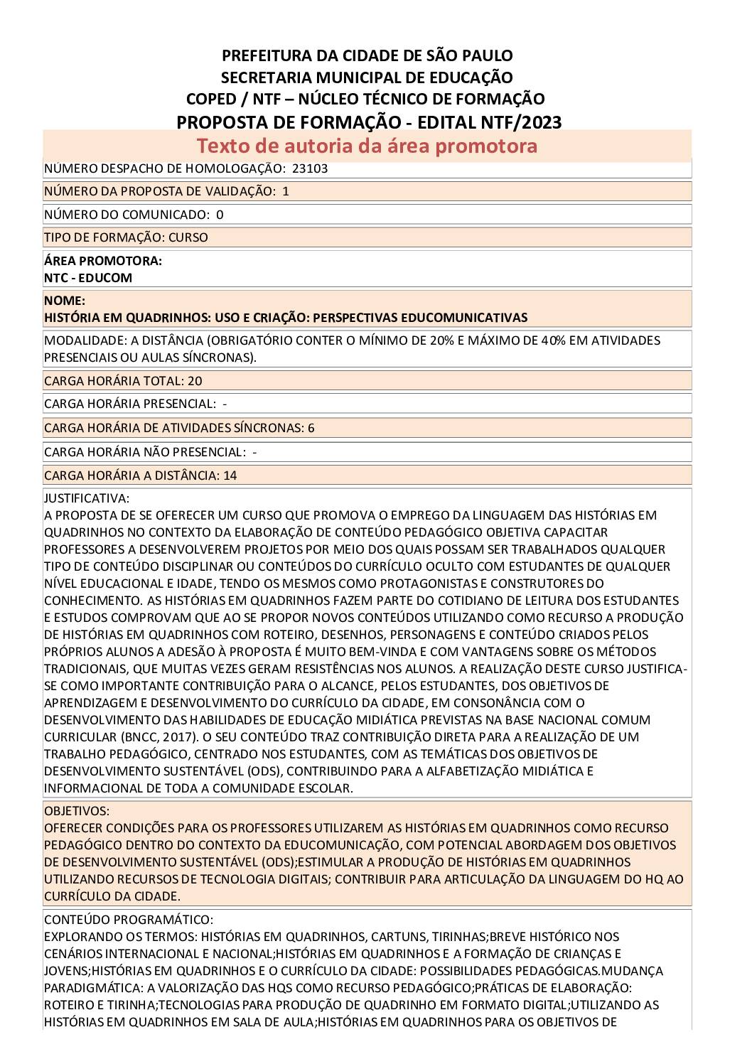 Proposta formativa homologada pela SME