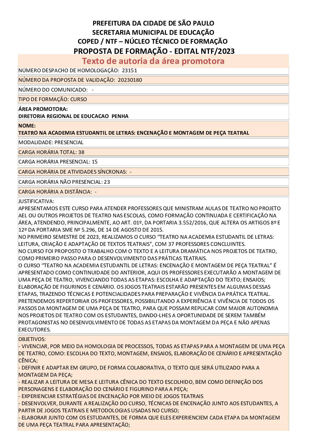 Proposta formativa homologada pela SME