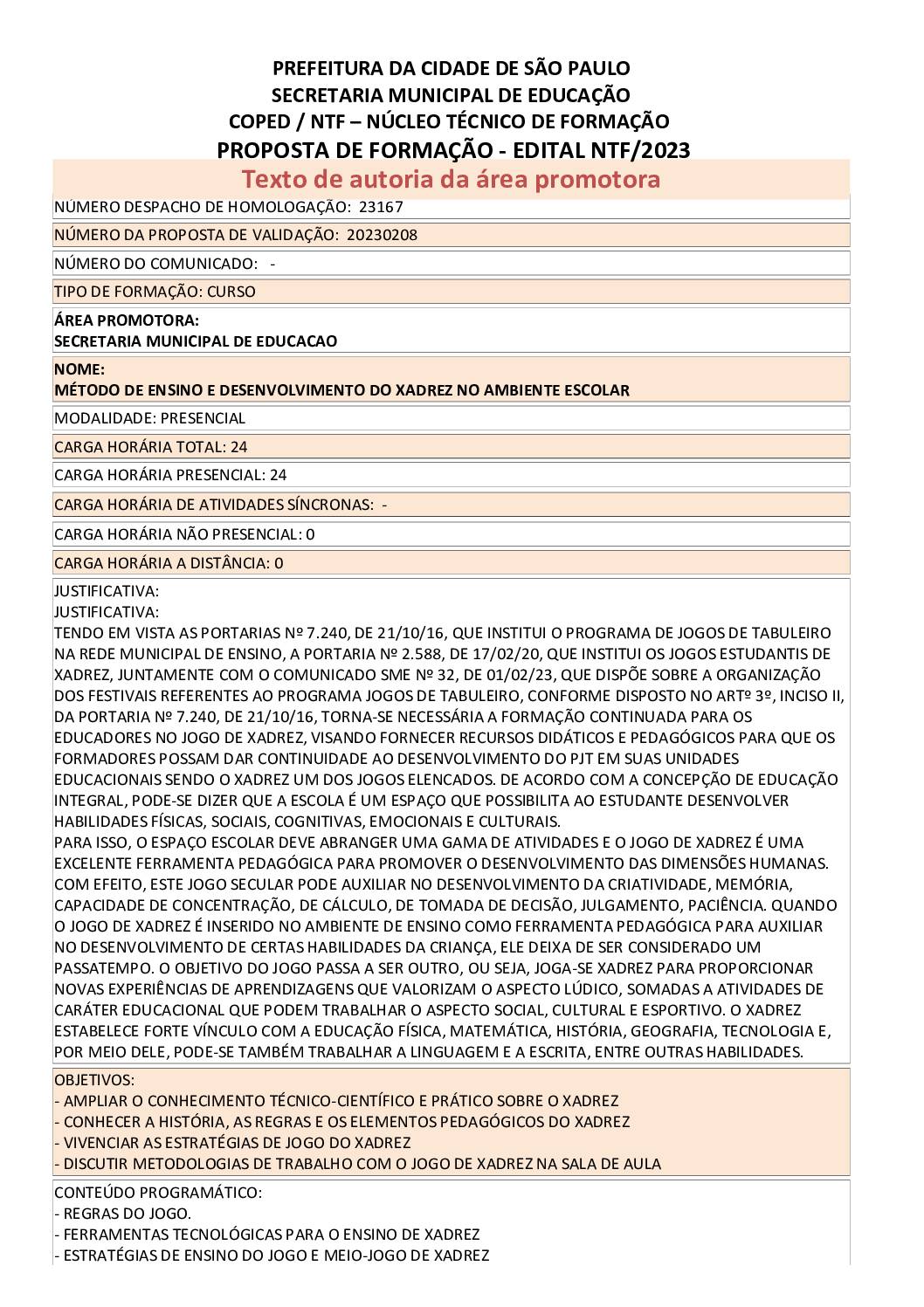 Proposta formativa homologada pela SME