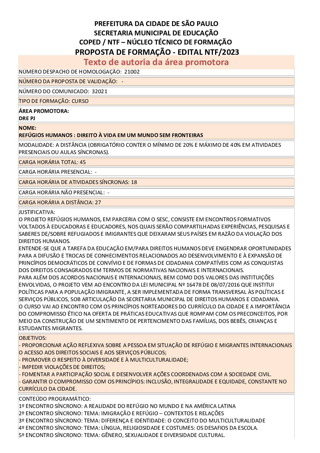 Proposta formativa homologada pela SME