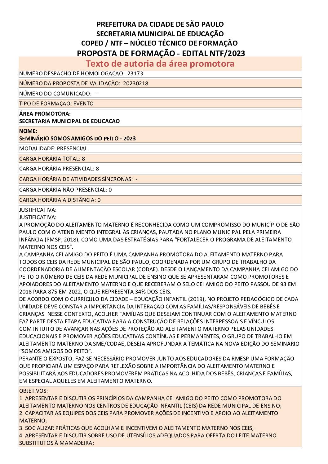 Proposta formativa homologada pela SME