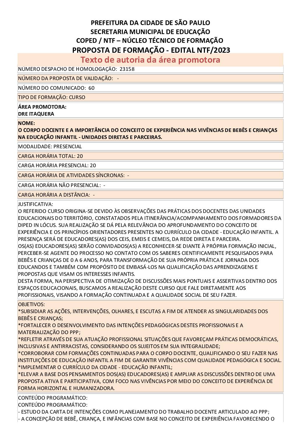 PROPOSTA FORMATIVA HOMOLOGADA PELA SME