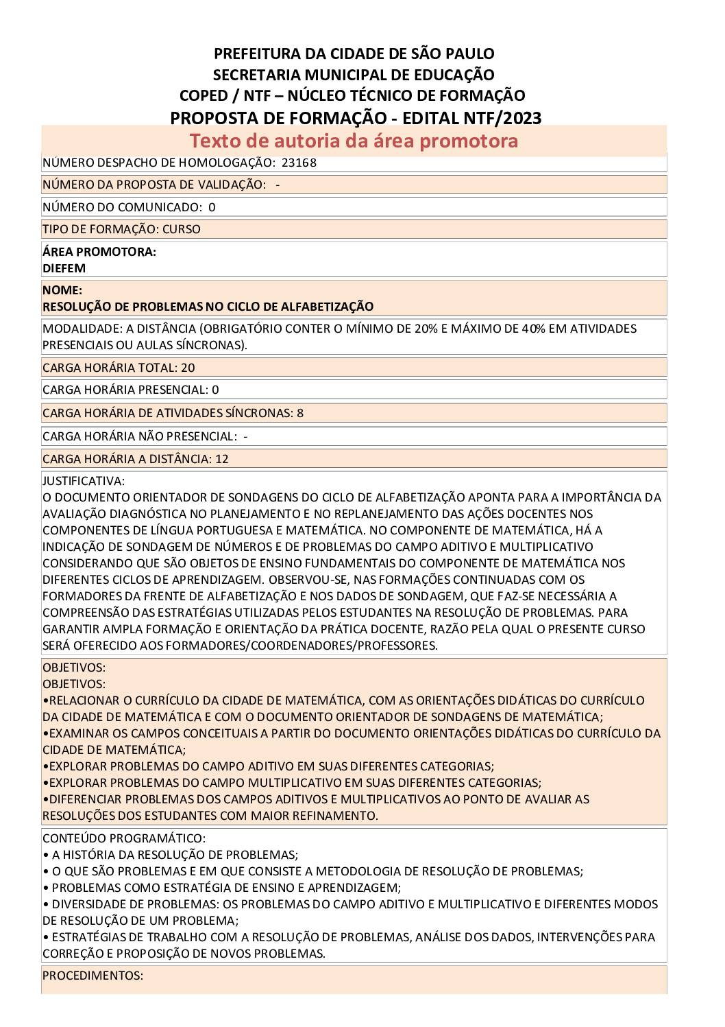 PROPOSTA FORMATIVA HOMOLOGADA PELA SME.