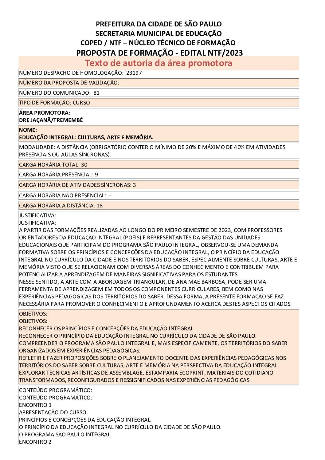 PROPOSTA FORMATIVA HOMOLOGADA PELA SME.