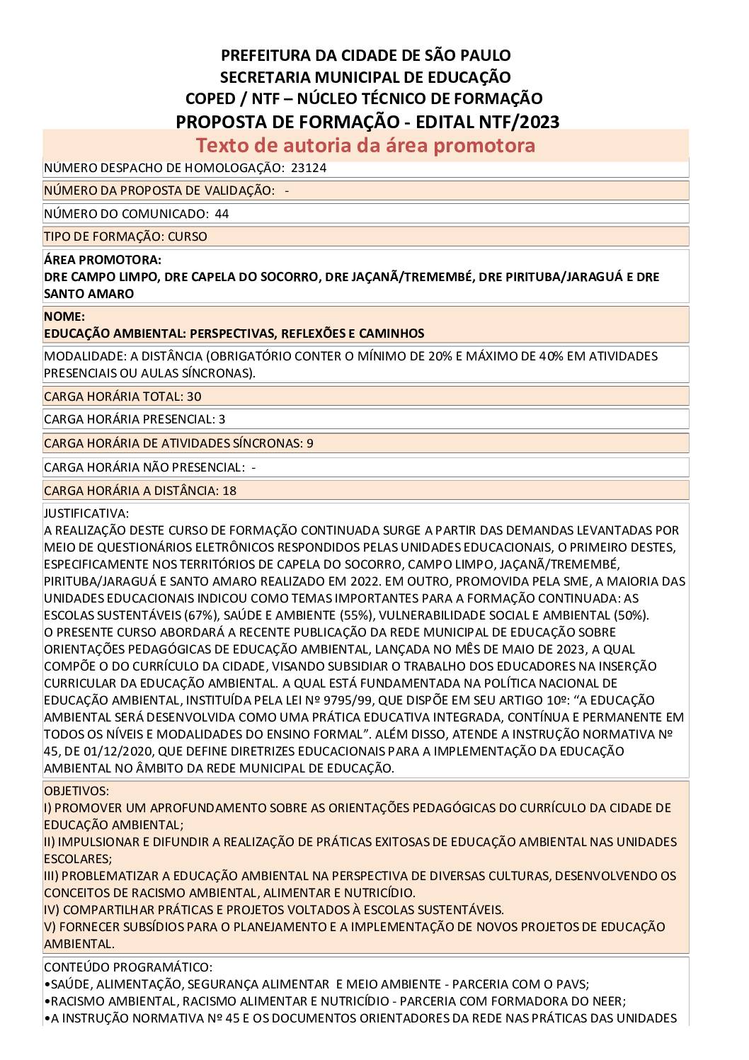 PROPOSTA FORMATIVA HOMOLOGADA PELA SME.