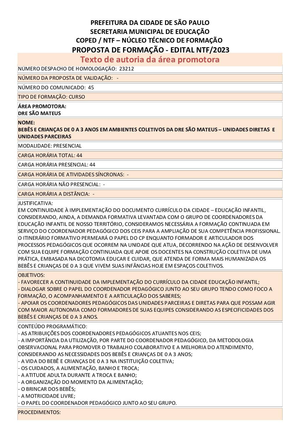 PROPOSTA FORMATIVA HOMOLOGADA PELA SME.