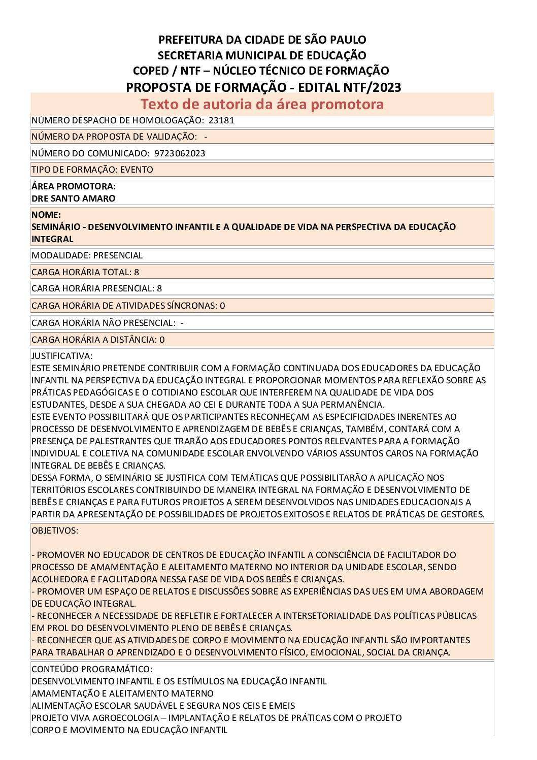 PROPOSTA FORMATIVA HOMOLOGADA PELA SME.