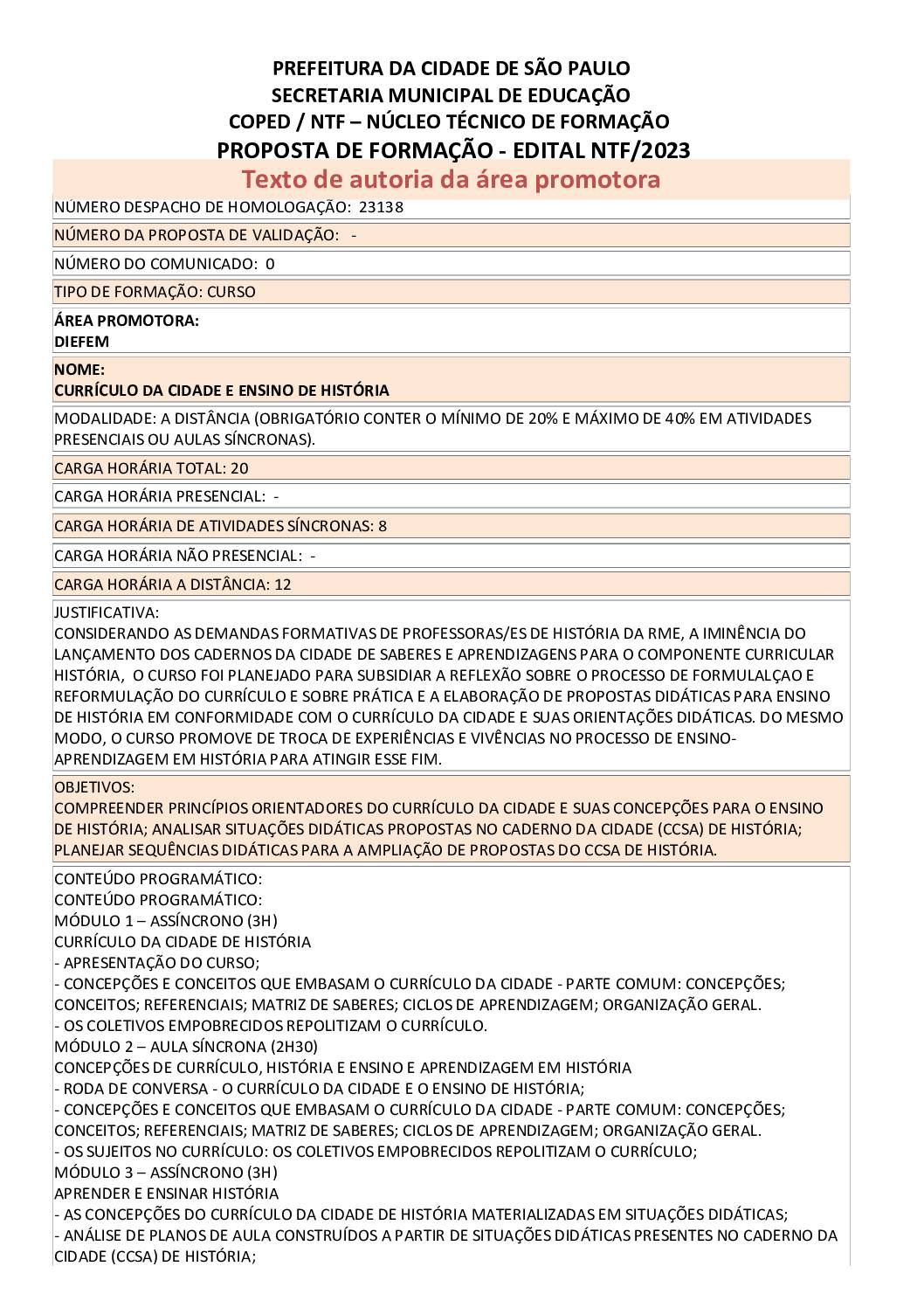 PROPOSTA FORMATIVA HOMOLOGADA PELA SME.
