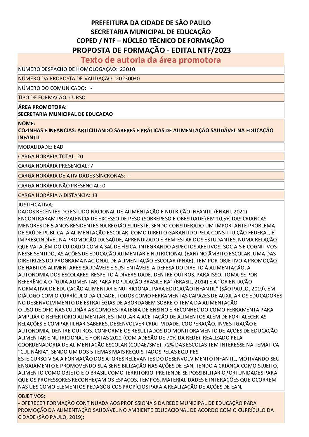PROPOSTA FORMATIVA HOMOLOGADA PELA SME.