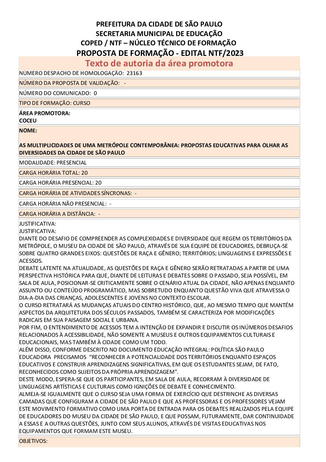PROPOSTA FORMATIVA HOMOLOGADA PELA SME.