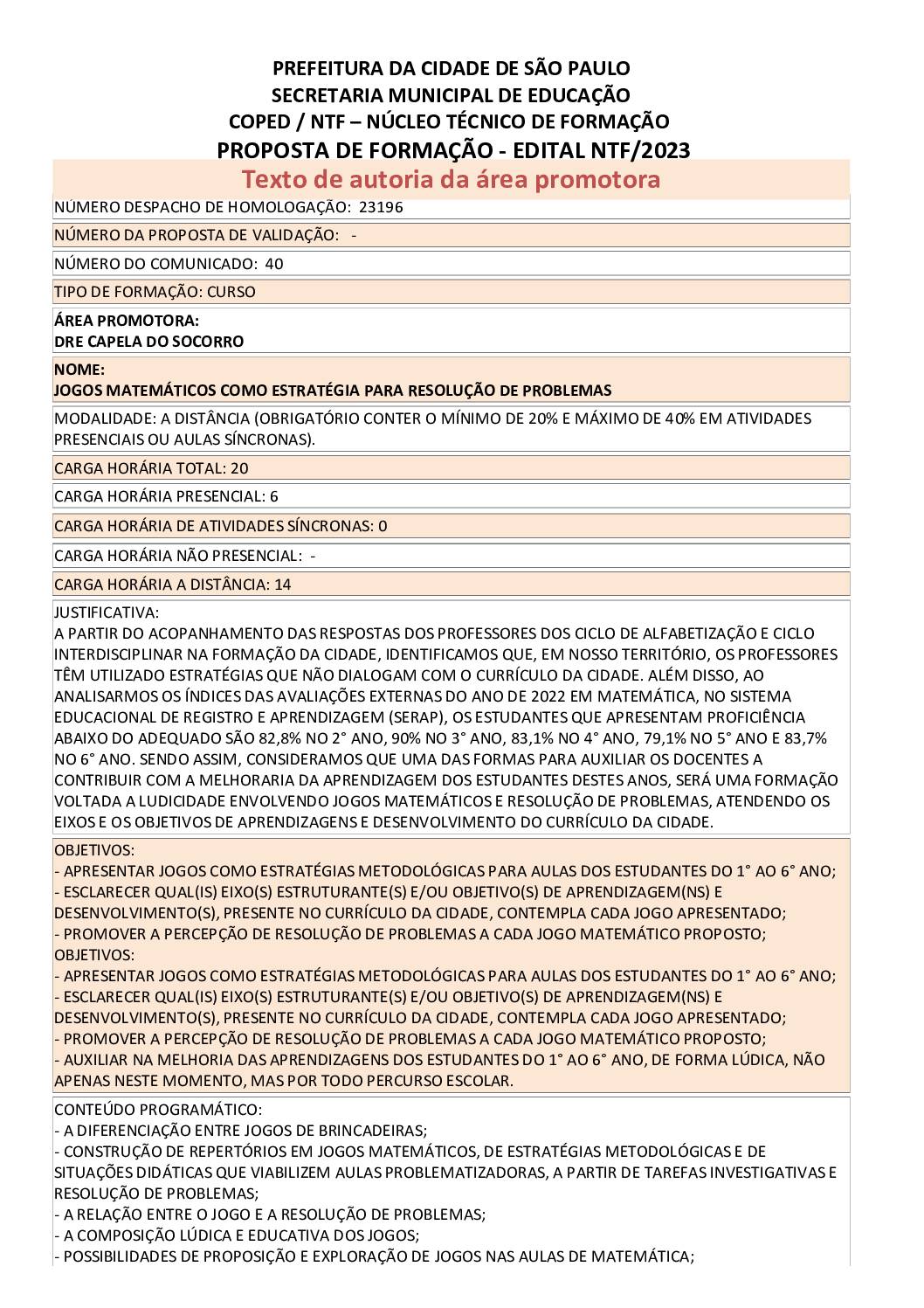 PROPOSTA FORMATIVA HOMOLOGADA PELA SME.
