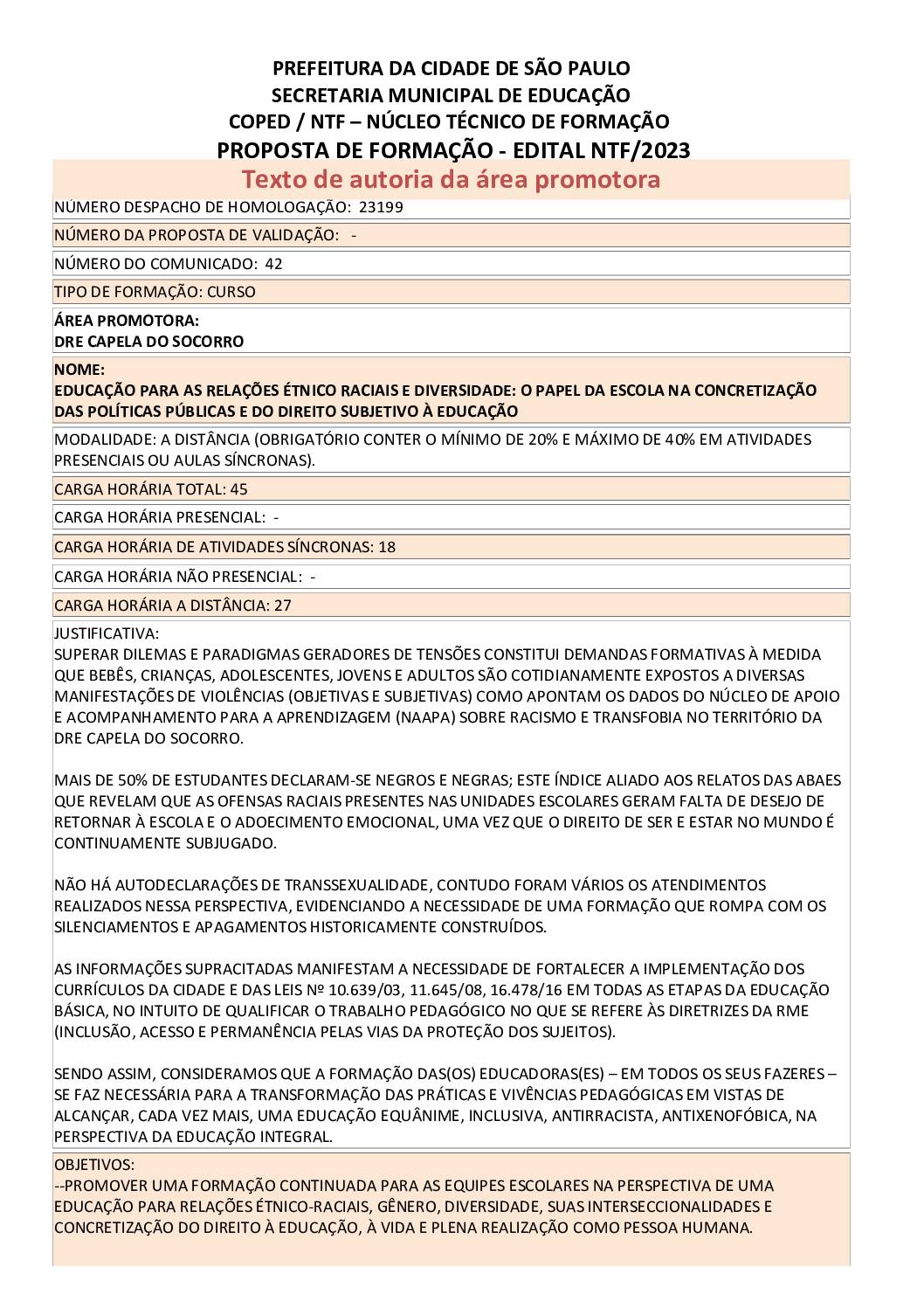PROPOSTA FORMATIVA HOMOLOGADA PELA SME.