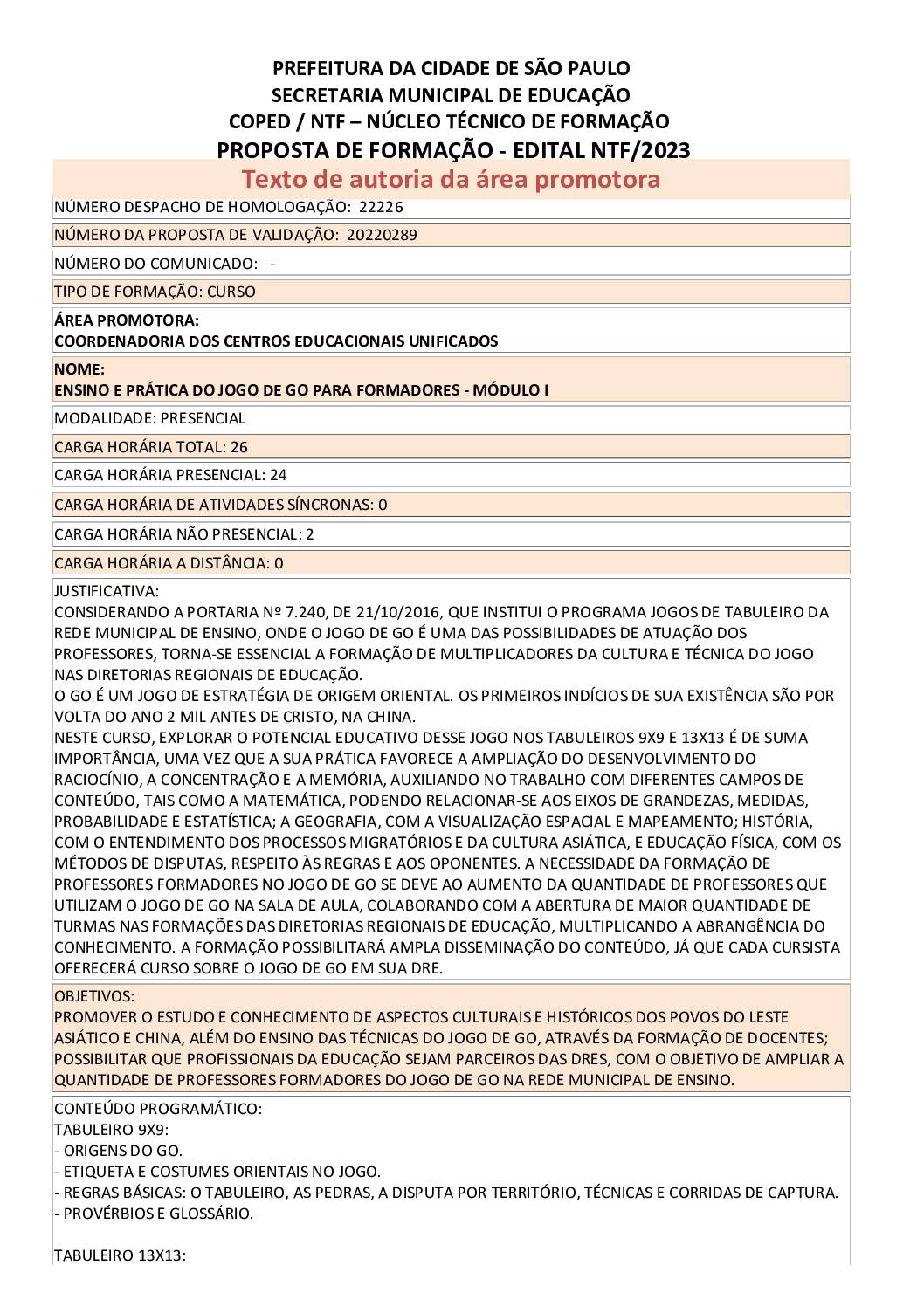 PROPOSTA FORMATIVA HOMOLOGADA PELA SME.
