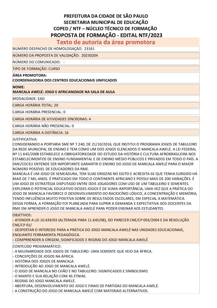 PROPOSTA FORMATIVA HOMOLOGADA PELA SME.