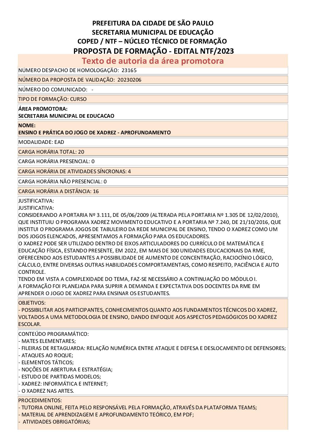 PROPOSTA FORMATIVA HOMOLOGADA PELA SME.