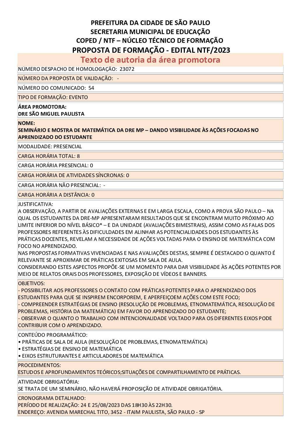 PROPOSTA FORMATIVA HOMOLOGADA PELA SME.