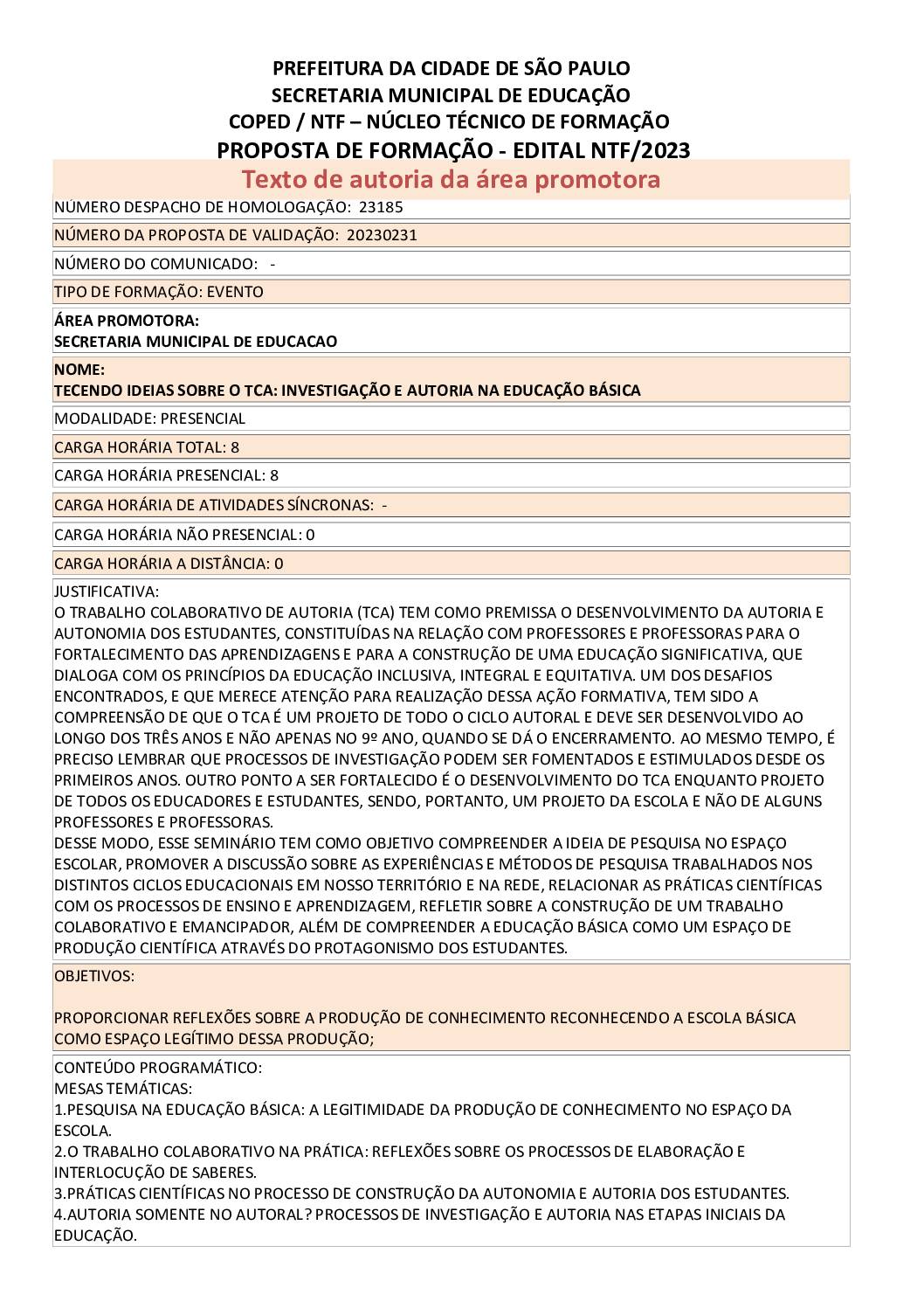 PROPOSTA FORMATIVA HOMOLOGADA PELA SME.