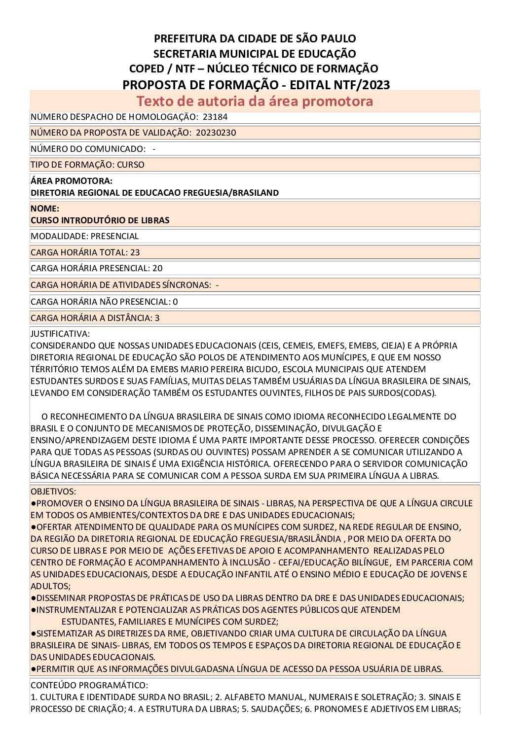 PROPOSTA FORMATIVA HOMOLOGADA PELA SME.