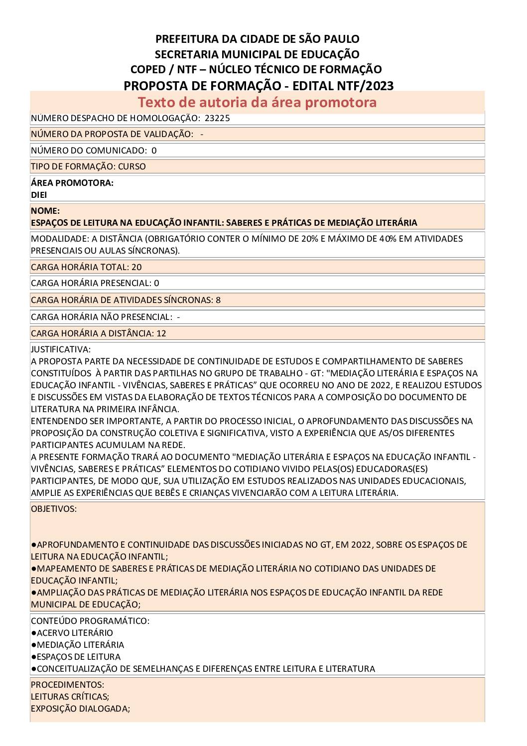 PROPOSTA FORMATIVA HOMOLOGADA PELA SME.