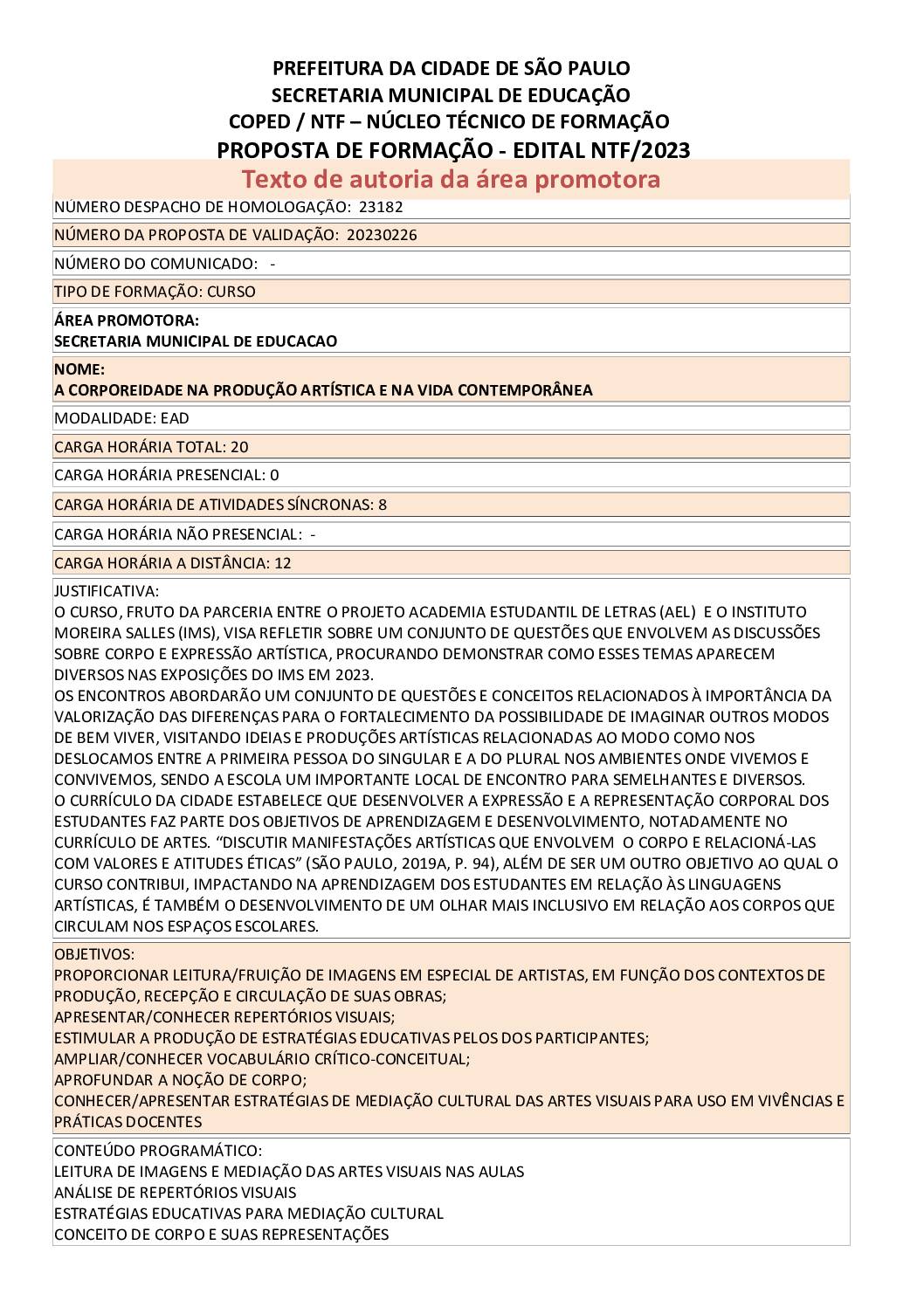 PROPOSTA FORMATIVA HOMOLOGADA PELA SME.