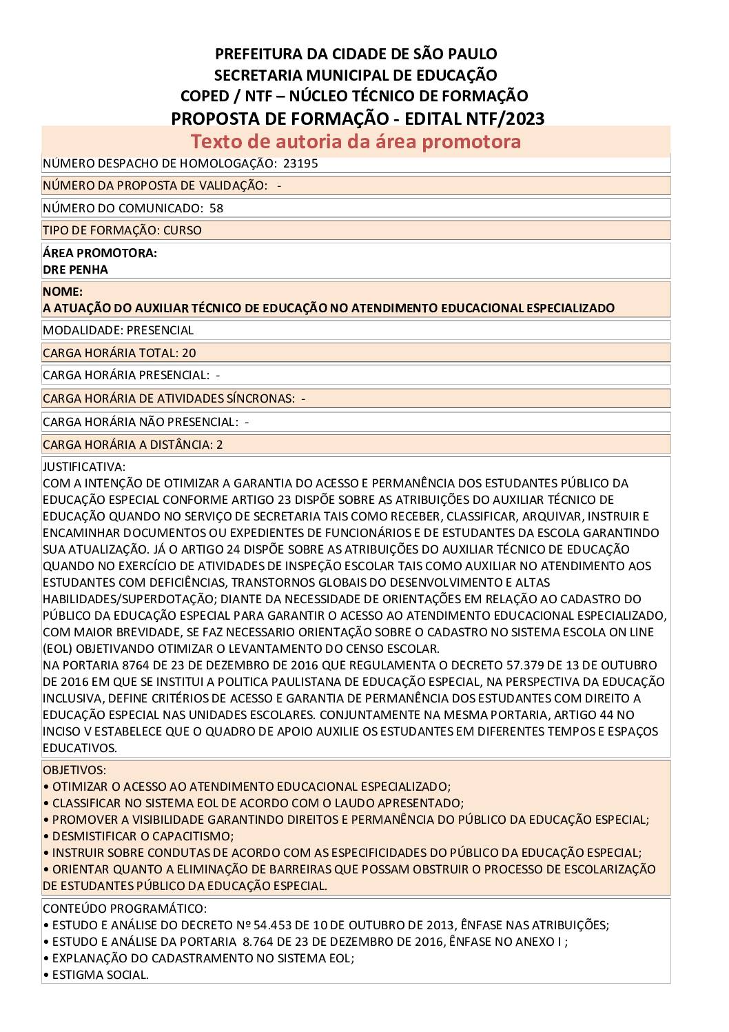 PROPOSTA FORMATIVA HOMOLOGADA PELA SME.