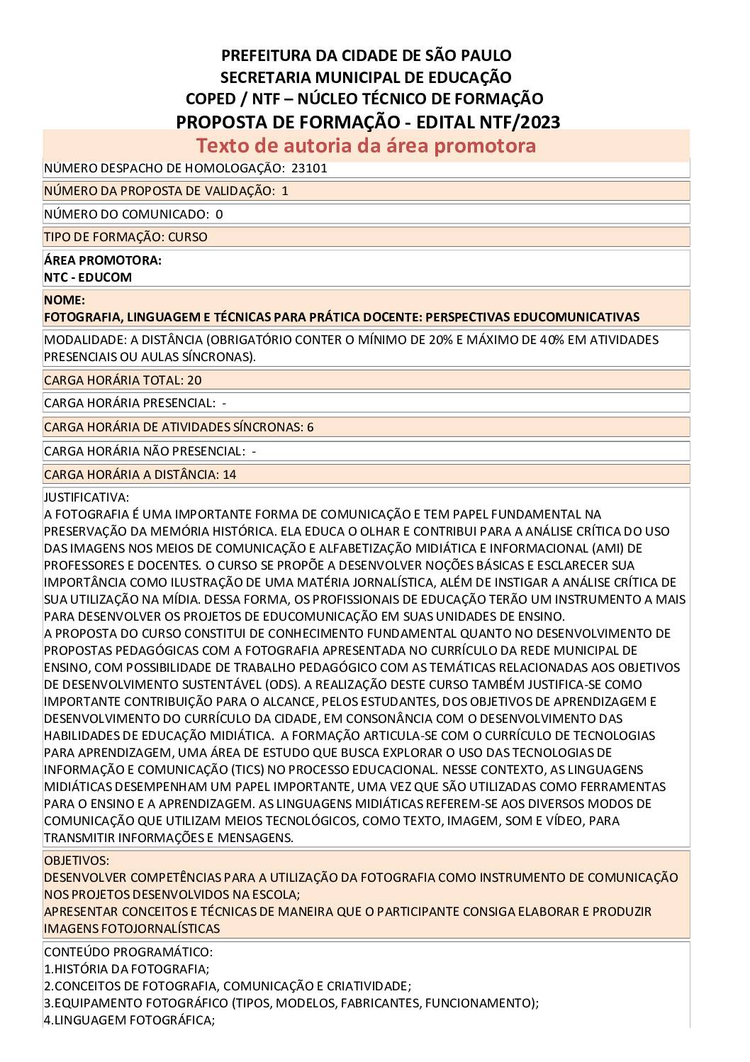 PROPOSTA FORMATIVA HOMOLOGADA PELA SME.