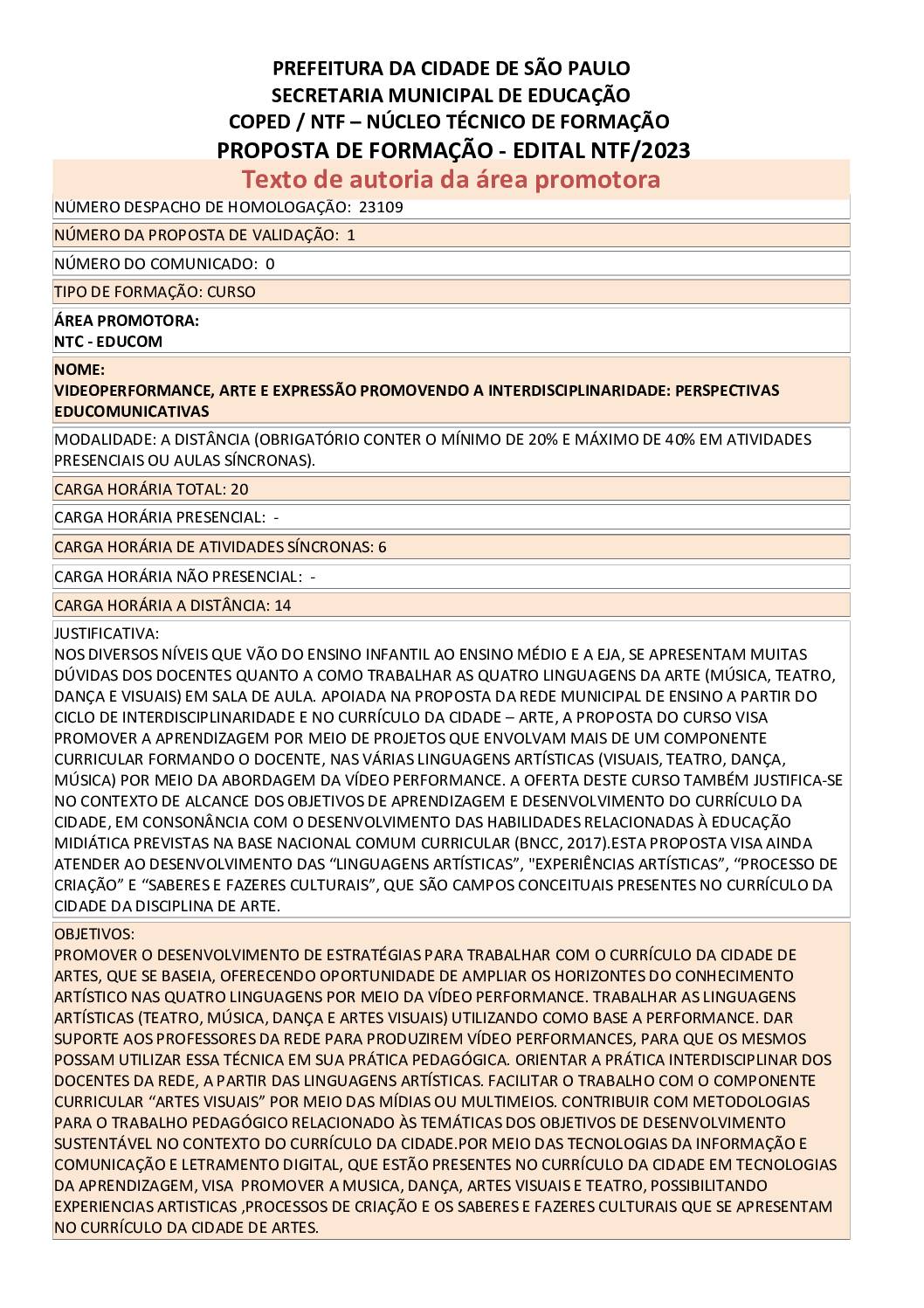 PROPOSTA FORMATIVA HOMOLOGADA PELA SME.