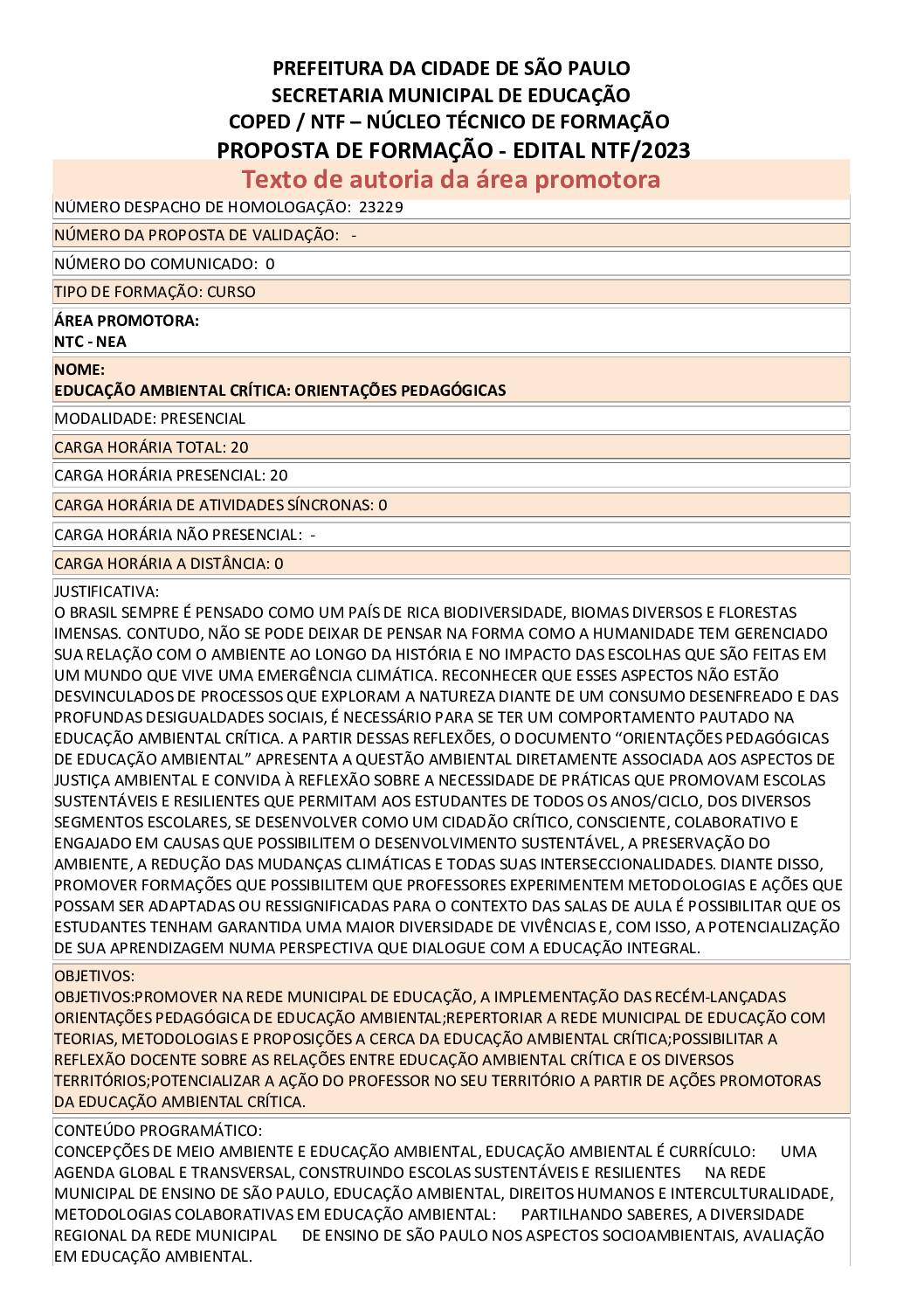 PROPOSTA FORMATIVA HOMOLOGADA PELA SME.