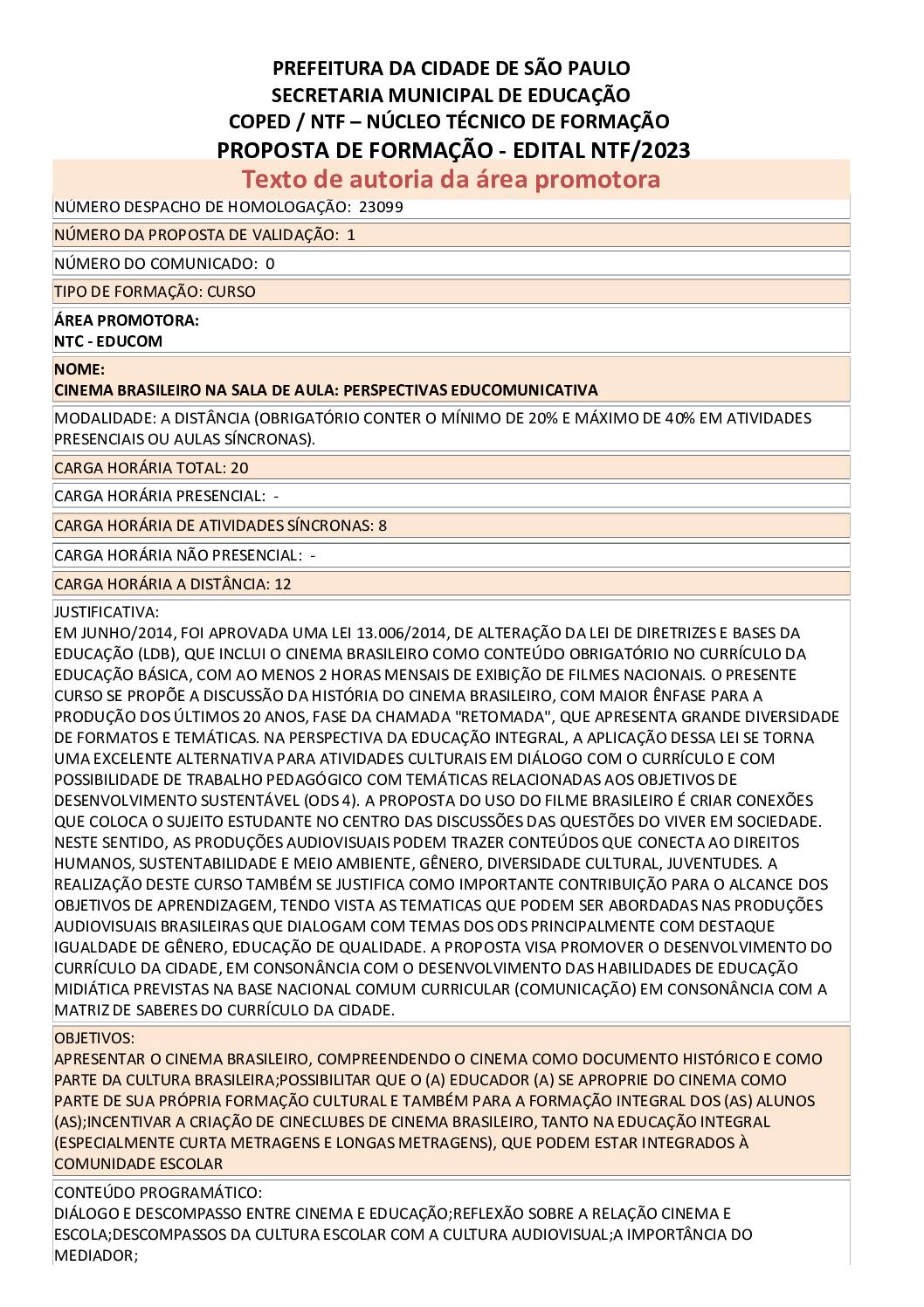 PROPOSTA FORMATIVA HOMOLOGADA PELA SME.