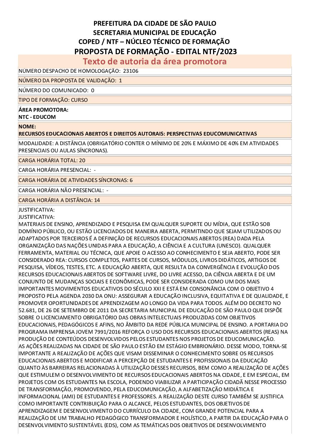 PROPOSTA FORMATIVA HOMOLOGADA PELA SME.