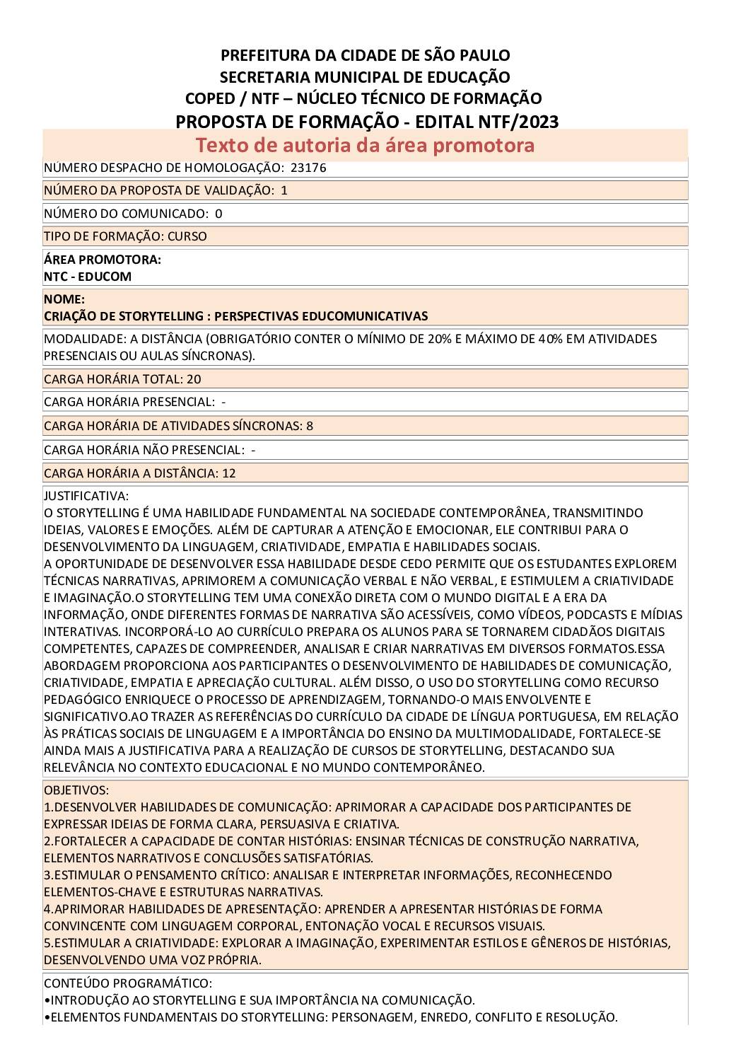PROPOSTA FORMATIVA HOMOLOGADO PELA SME.
