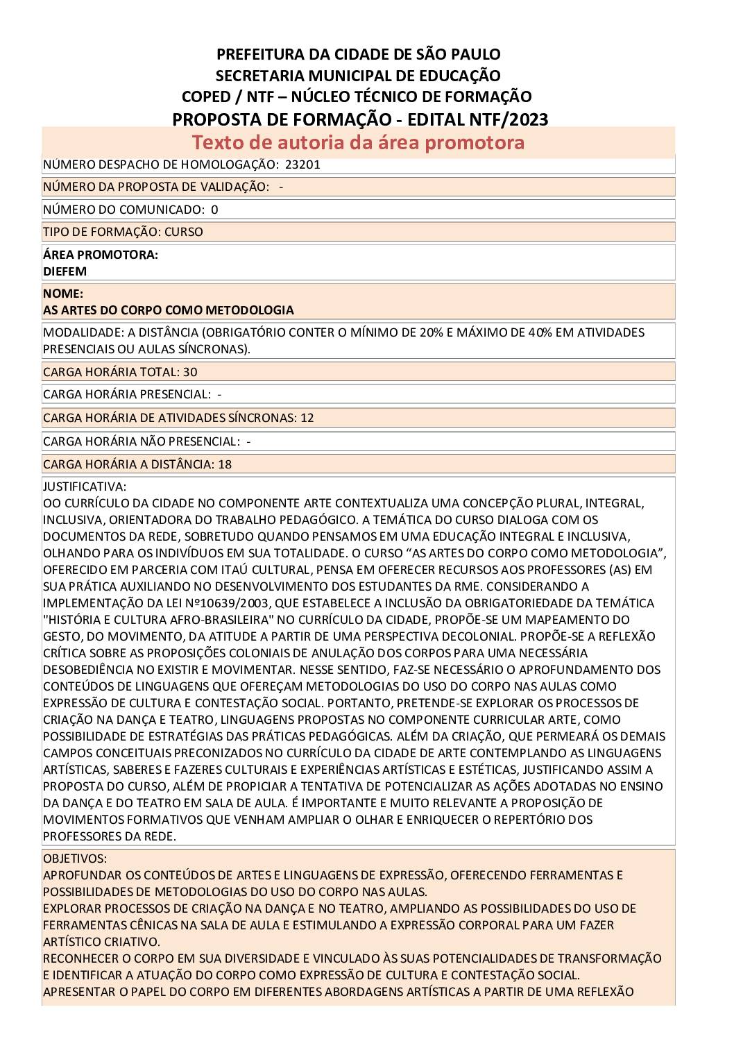 PROPOSTA FORMATIVA HOMOLOGADA PELA SME.