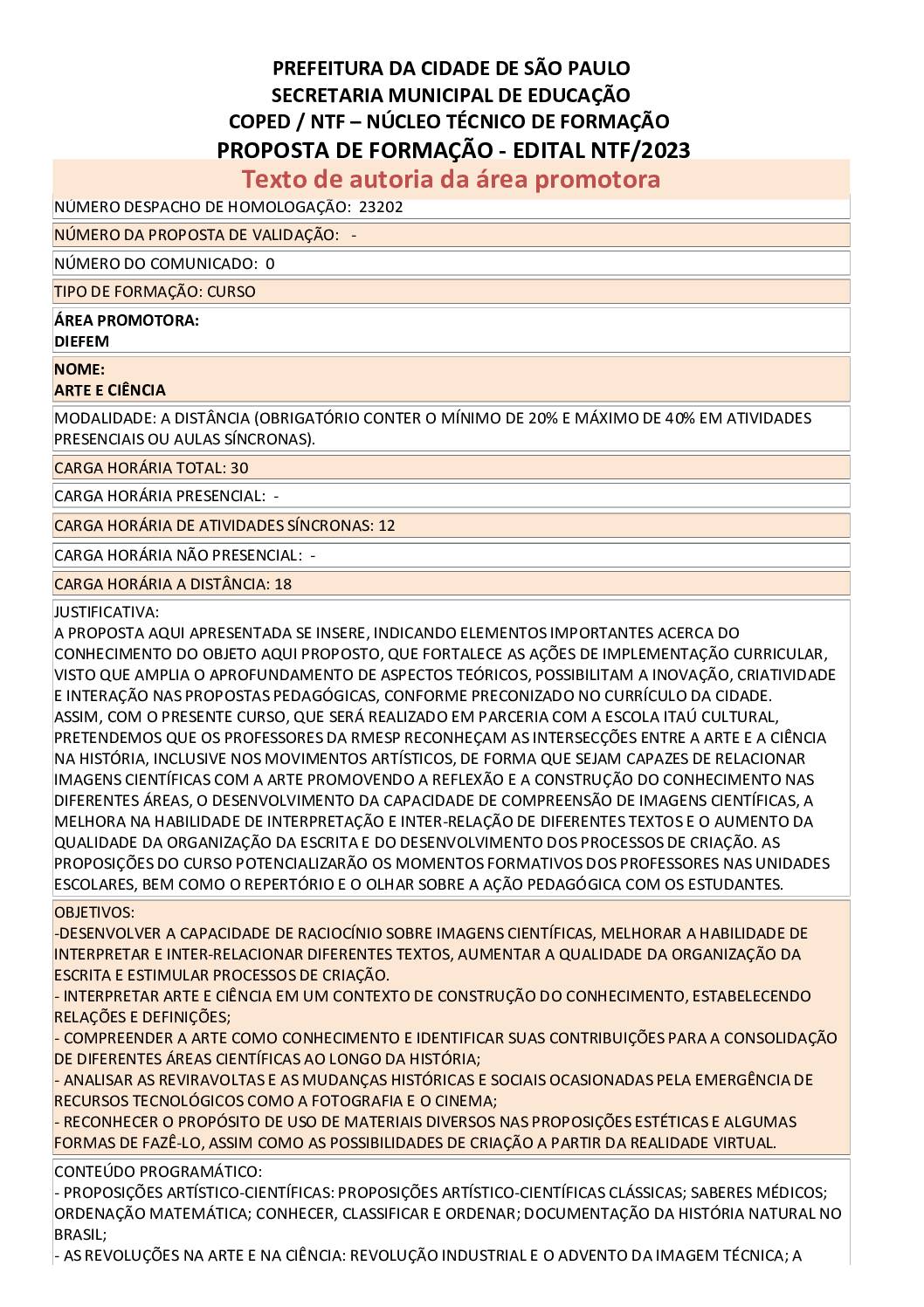PROPOSTA FORMATIVA HOMOLOGADA PELA SME.